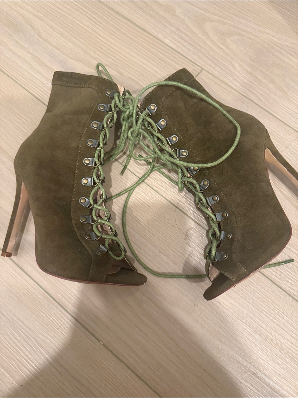 Suede Lace-Up Peep Toe Ankle Booties - Olive
